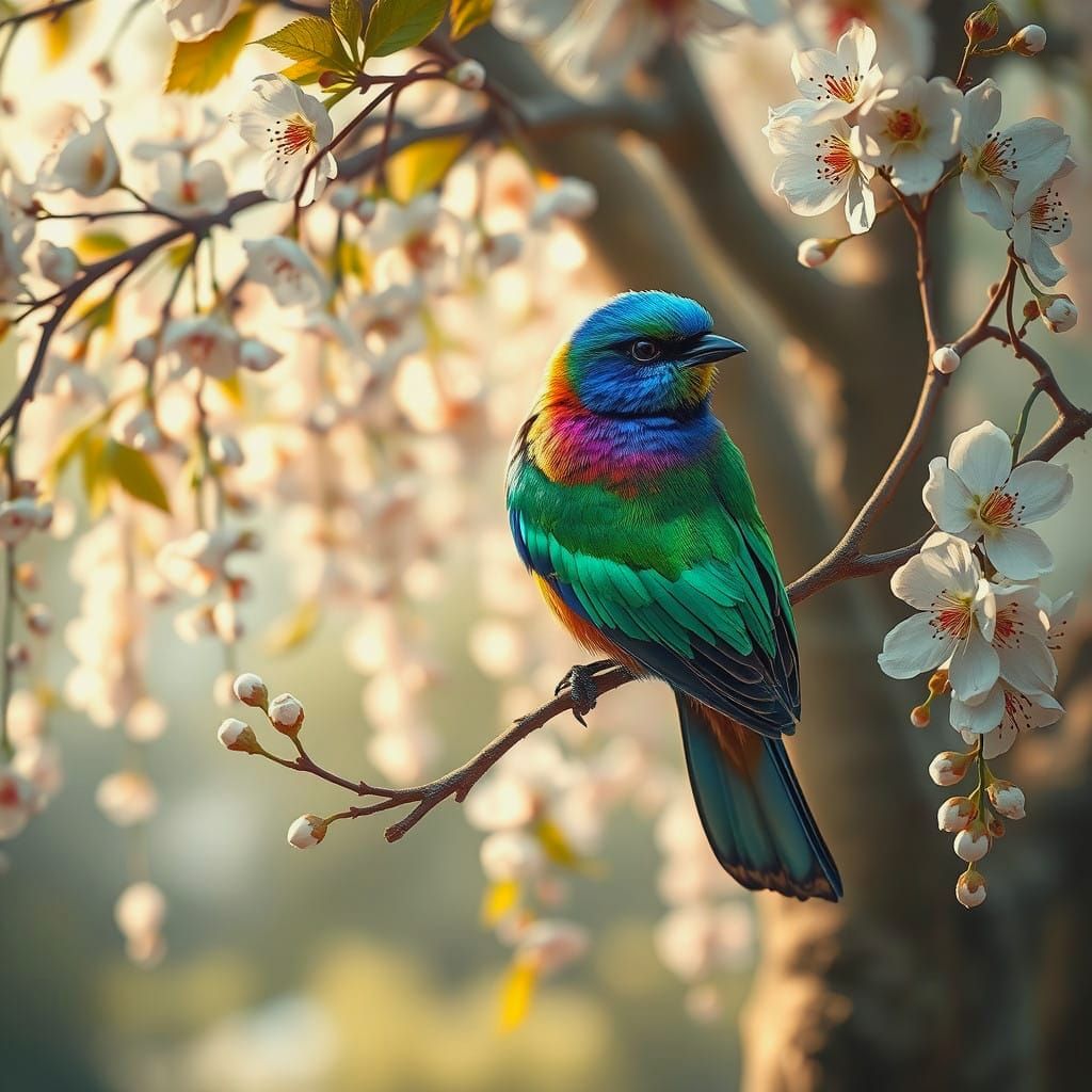 Bird in Bloom: Fantastical Forest Scene in Deep Color