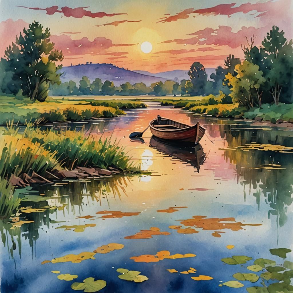 A boat on a river sunset, wooden boat, watercolor art,   by @Fendena_Spooky