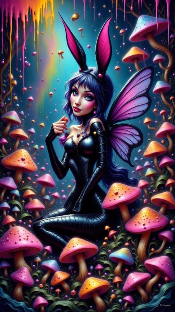 Psychedelic Fairy Woman Eats Glowing Mushrooms