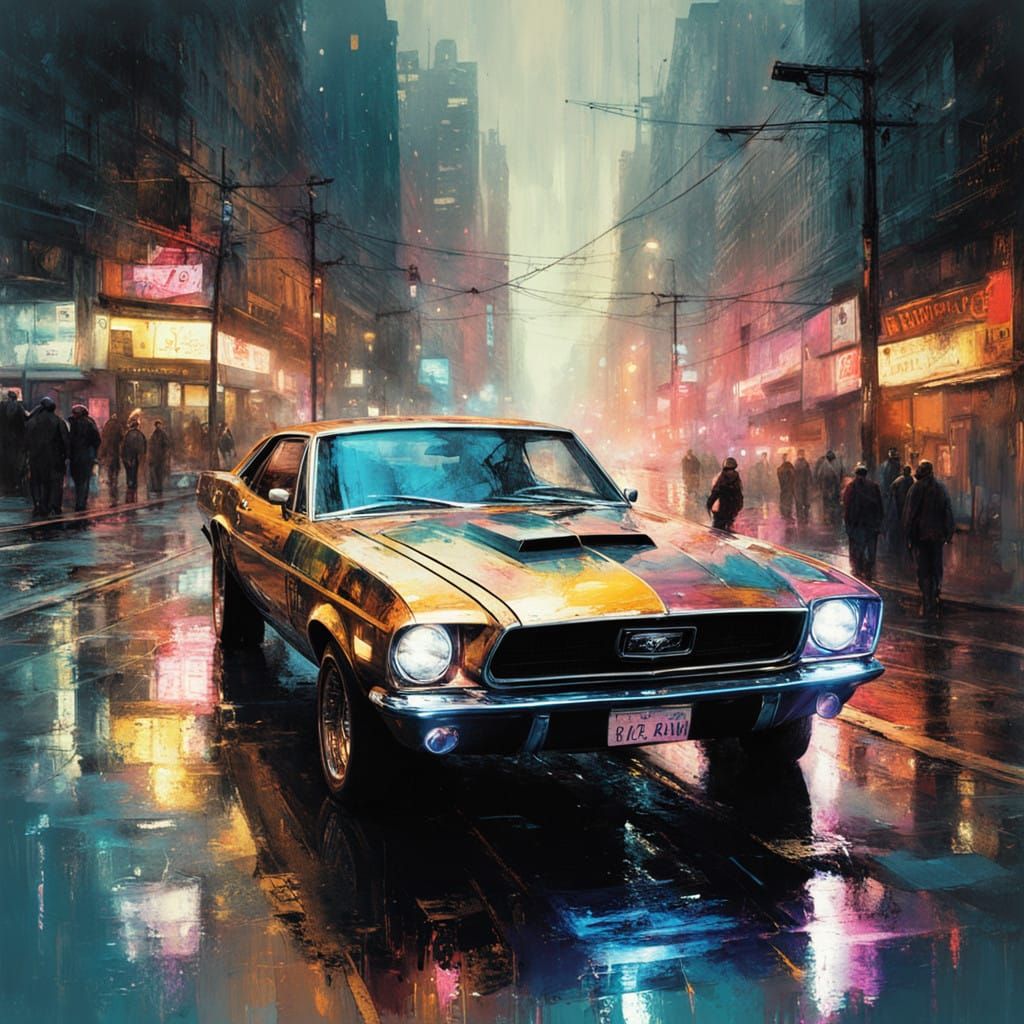 ink splatter double exposure ink splatter watercolor mustang muscle car in a cyberpunk synthcore city ...  by @OtakuEatingYams