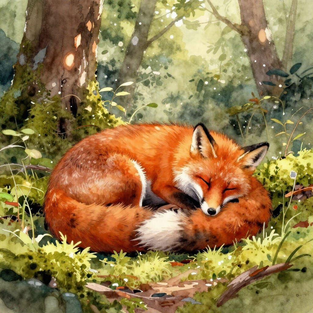 Sleeping Fox in Forest, Watercolor Style