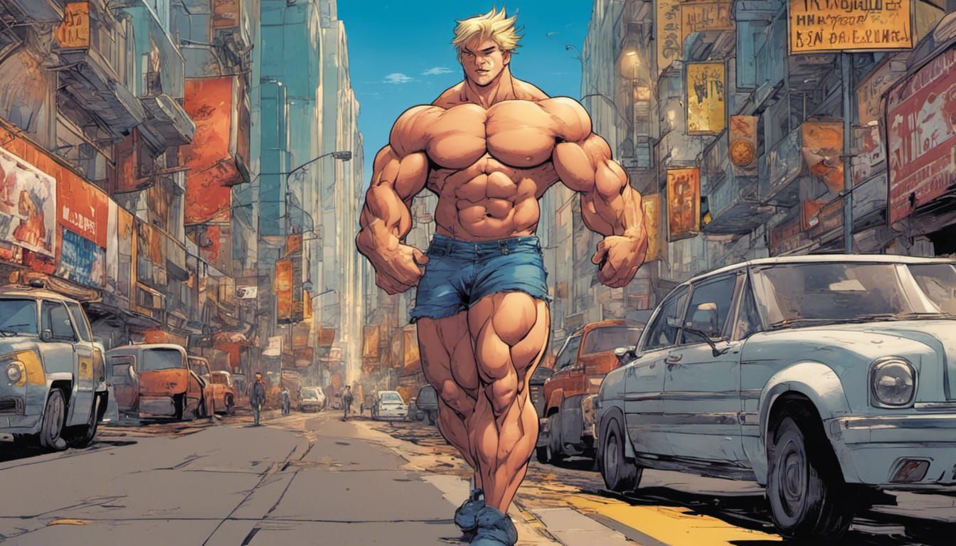 Anime Bodybuilder Walks Down Busy Road