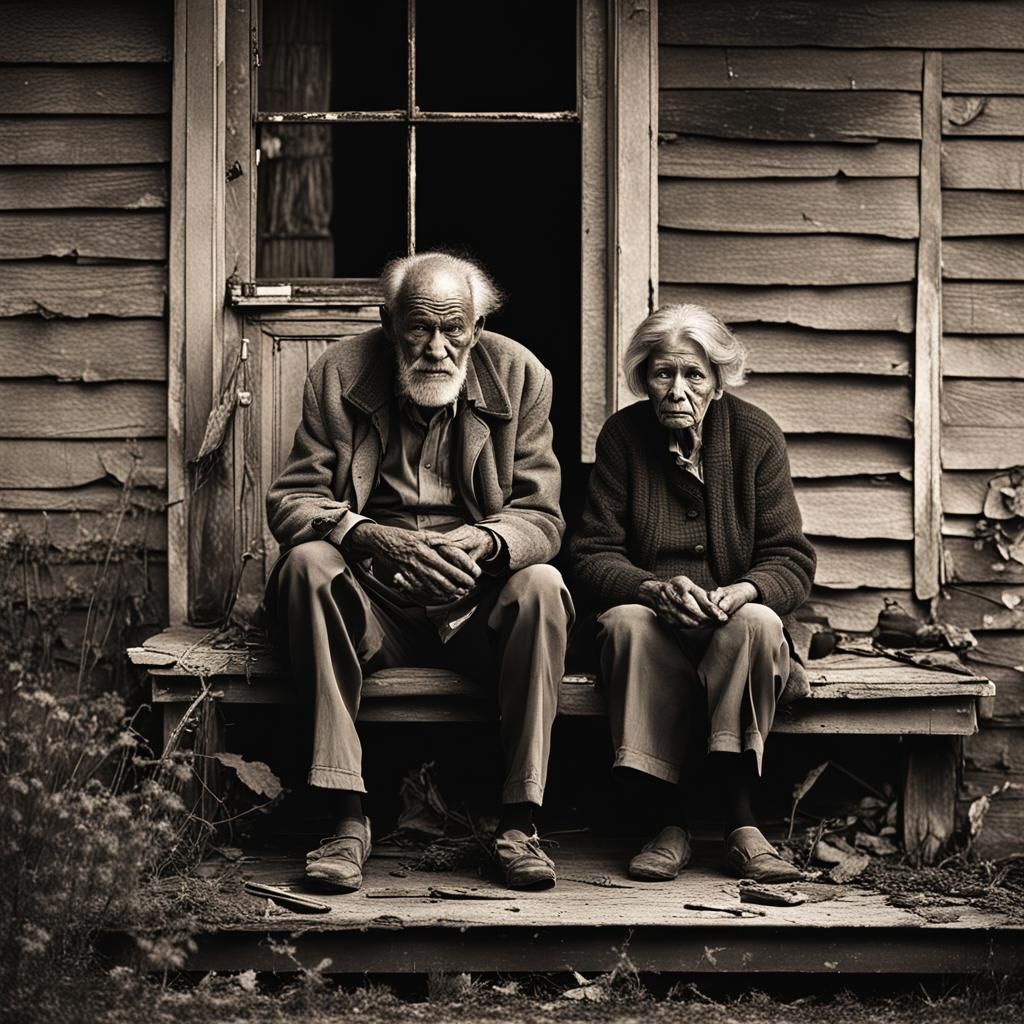 Old man and woman, sitting on front porch of a dilapidated house  by @Petunia
