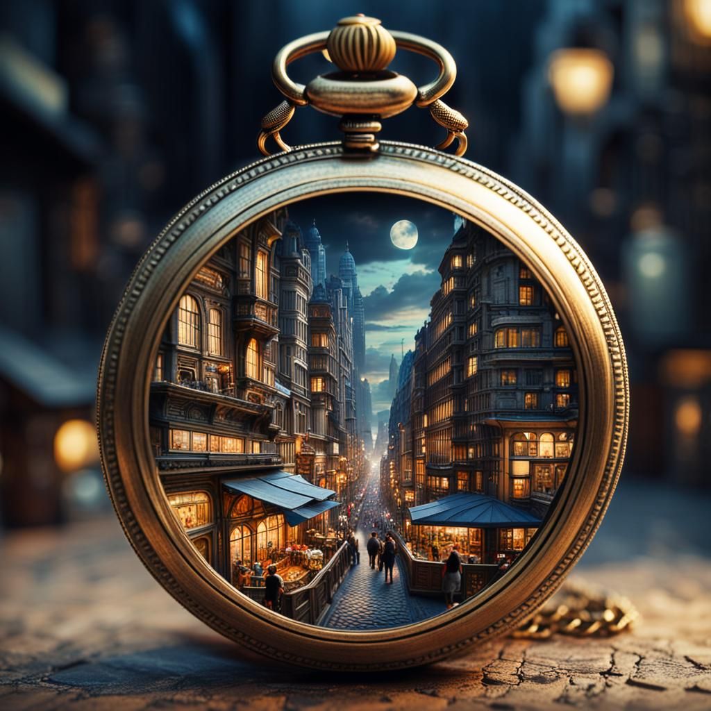 A bustling cityscape miniature unfolding within the confines of a vintage pocket watch.  by @JPK