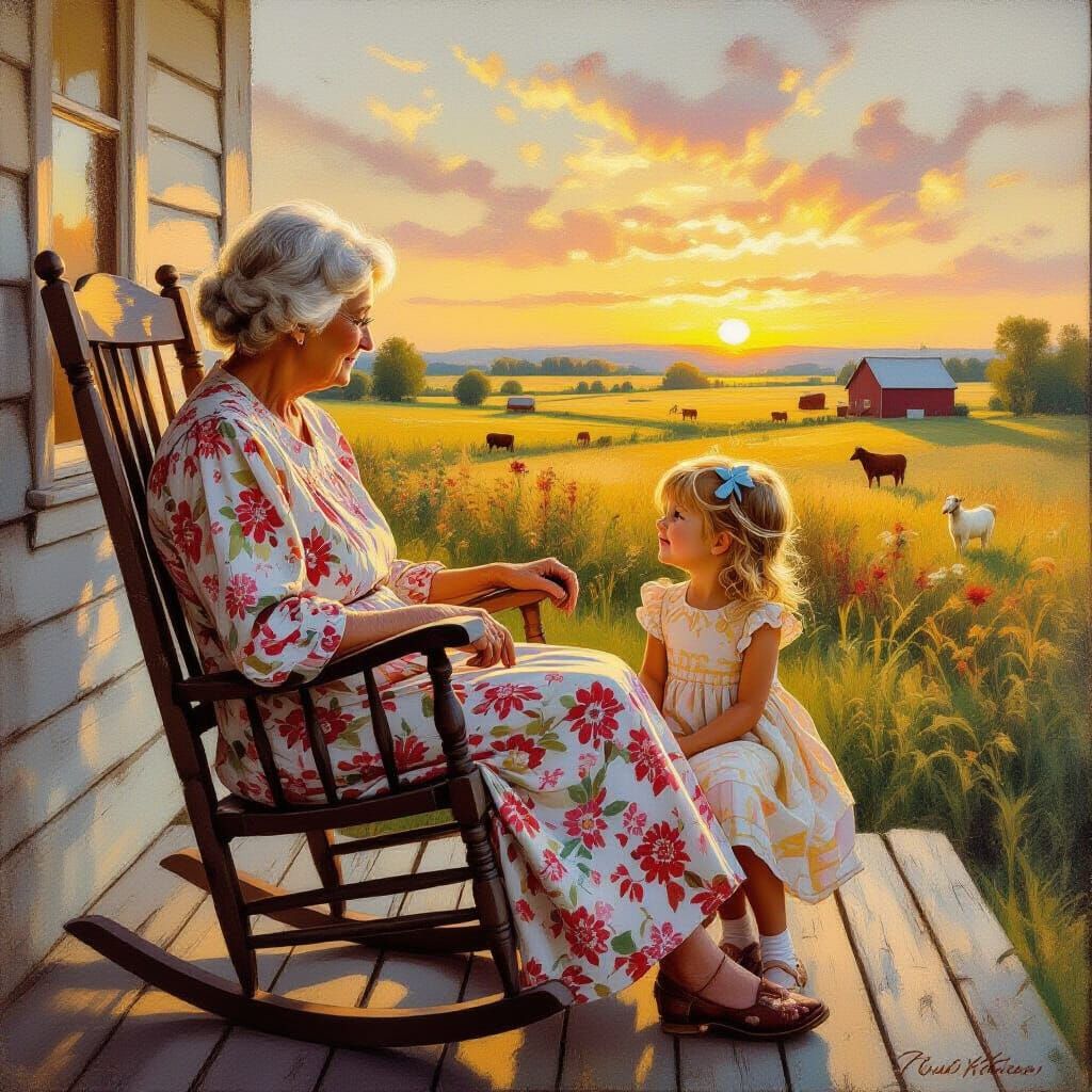 Grandmother and Granddaughter on Farmhouse Porch