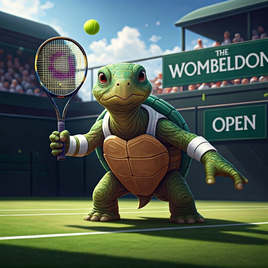 A turtle wearing tennis white stands ready to deliver a high serve. "The Wombeldon Open" is written on advertising banners along the tennis ...
