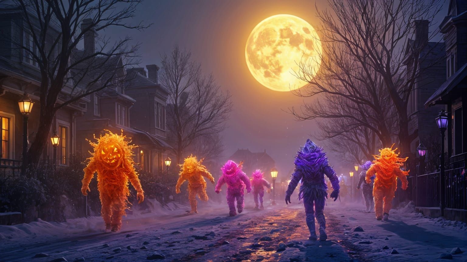 Crazy Halloween Candy are running down a dark street on Halloween with a full moon and houses decorated for Halloween a masterpiece, 8k reso...