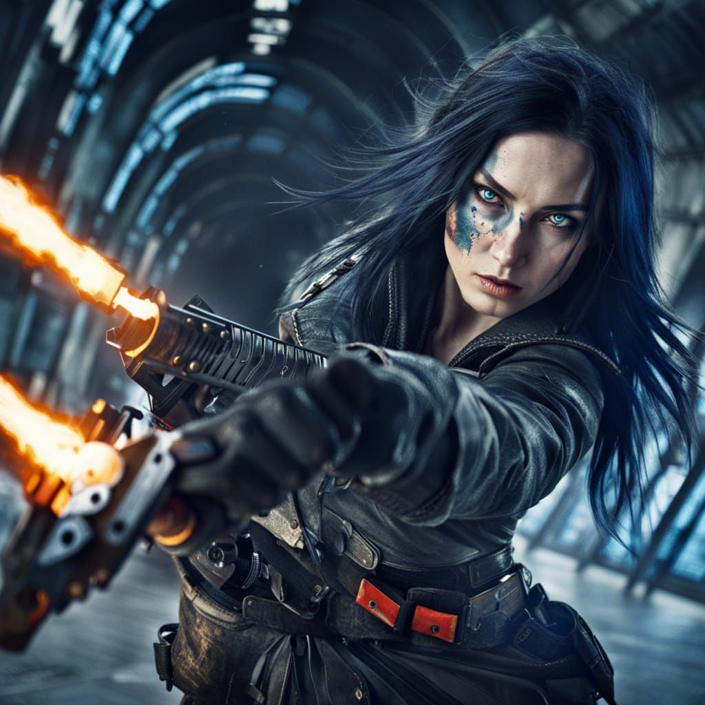 German Woman, black Hair, Blue eyes, Apokalypse, Weapon, dan...