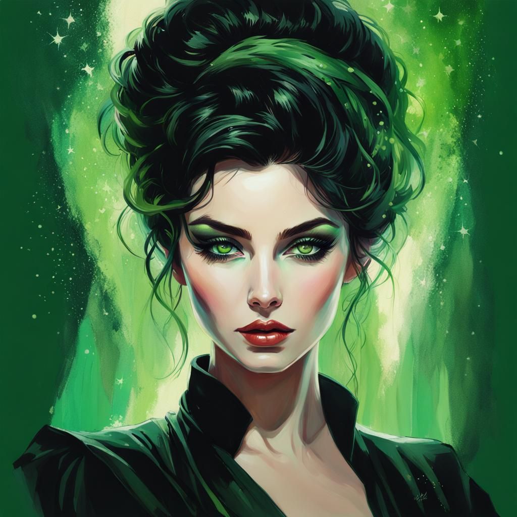 Green-Eyed Beauty Dissolving in Atmospheric Pixel Sketch