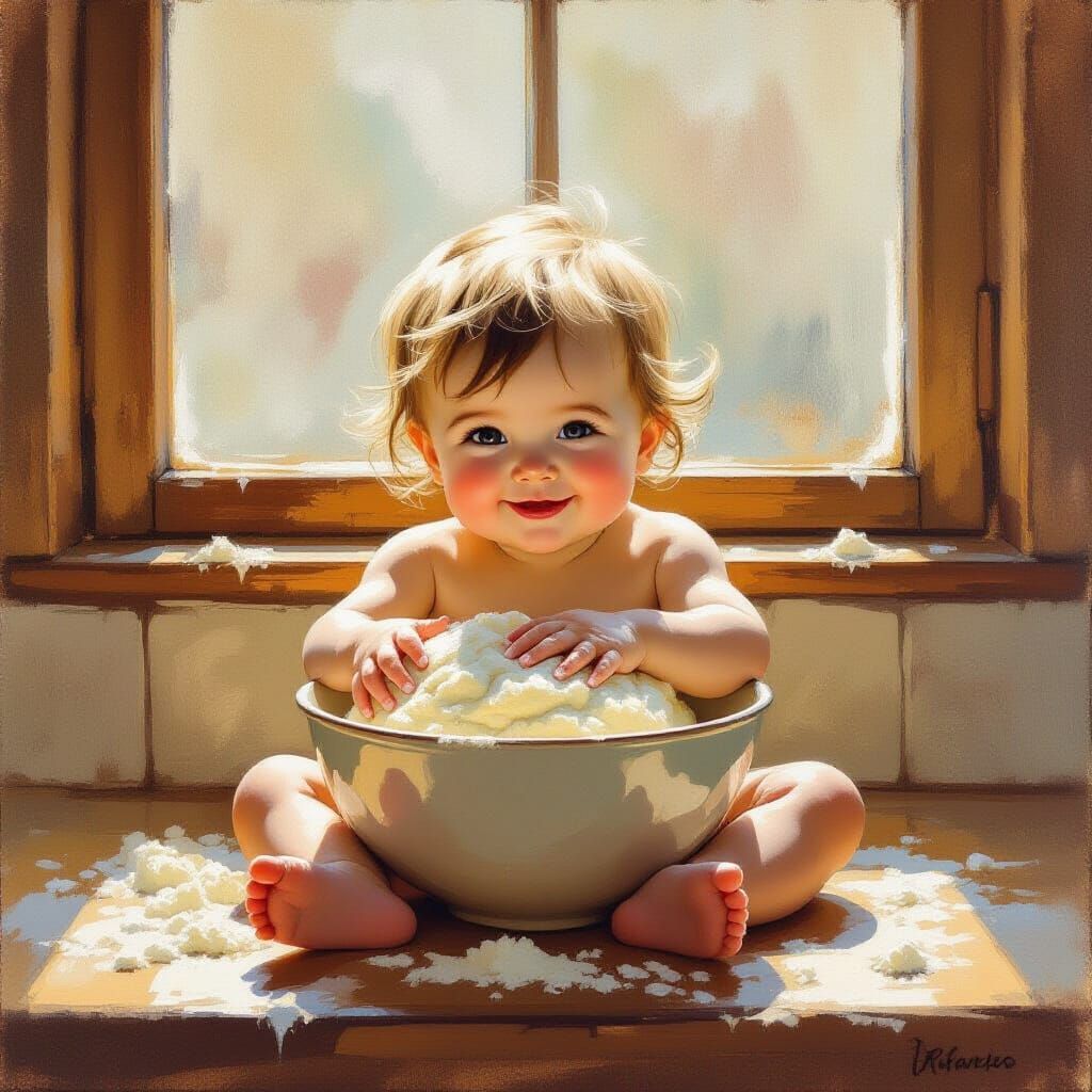 Adorable Baby Hugs Dough Bowl in Whimsical Oil Painting