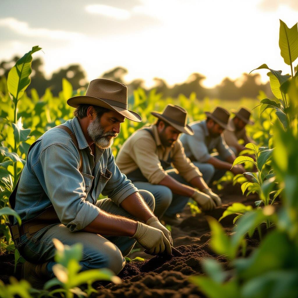 several hardworking blue-collar brown-skinned people. They are working in the field