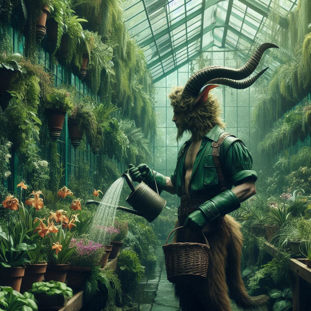 A Satyr watering Flowers in a Fantasy Greenhouse   by @Sileas