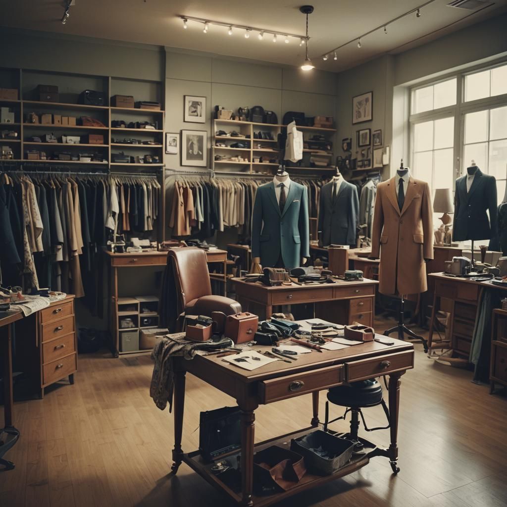 Create a fashion tailoring room inside a shop Cinematic film...