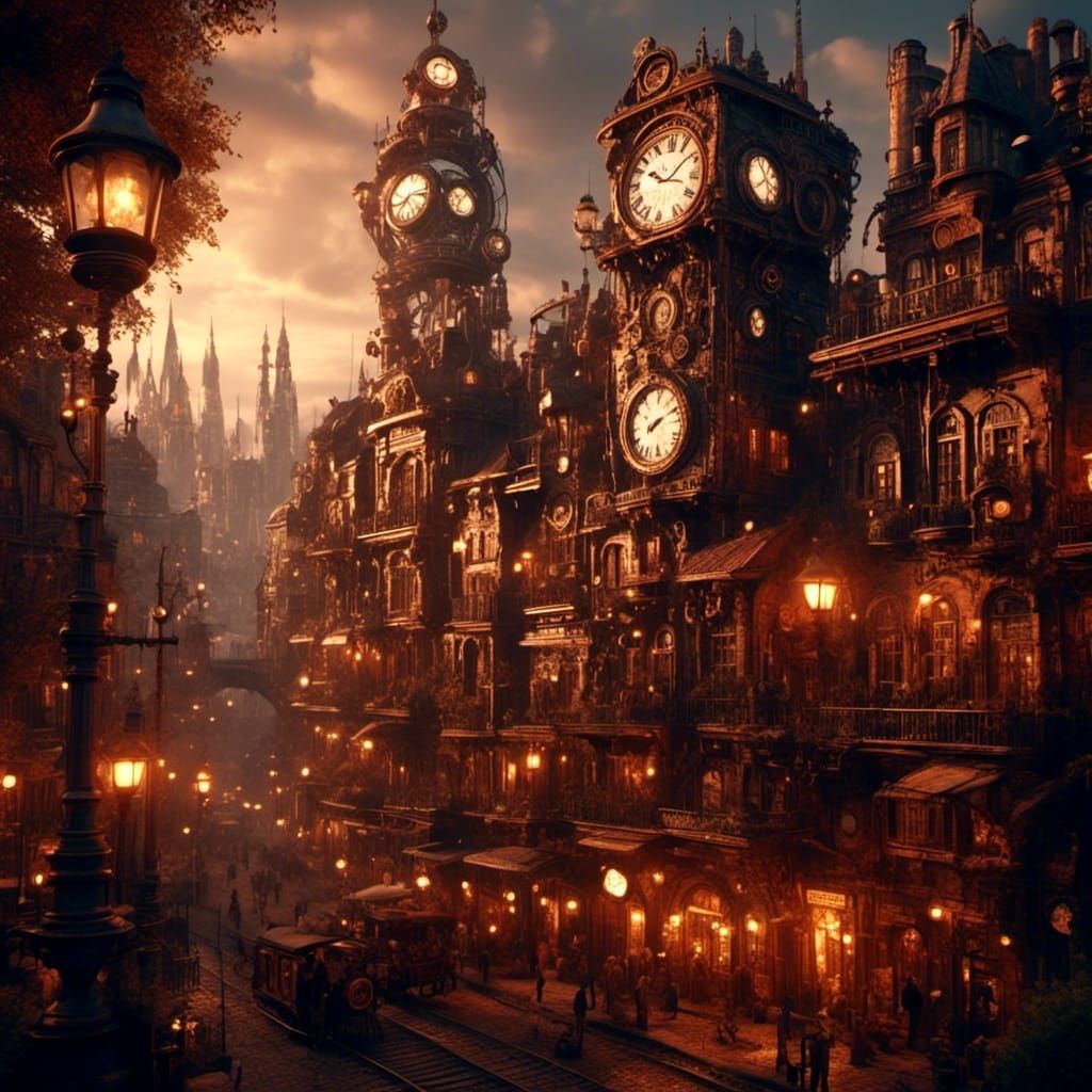 <lora:Steampunk Madness:1.0> ((Steampunk:1 3)) a steampunk clock tower in a beautiful steampunk town, the scene takes place at night, with b...