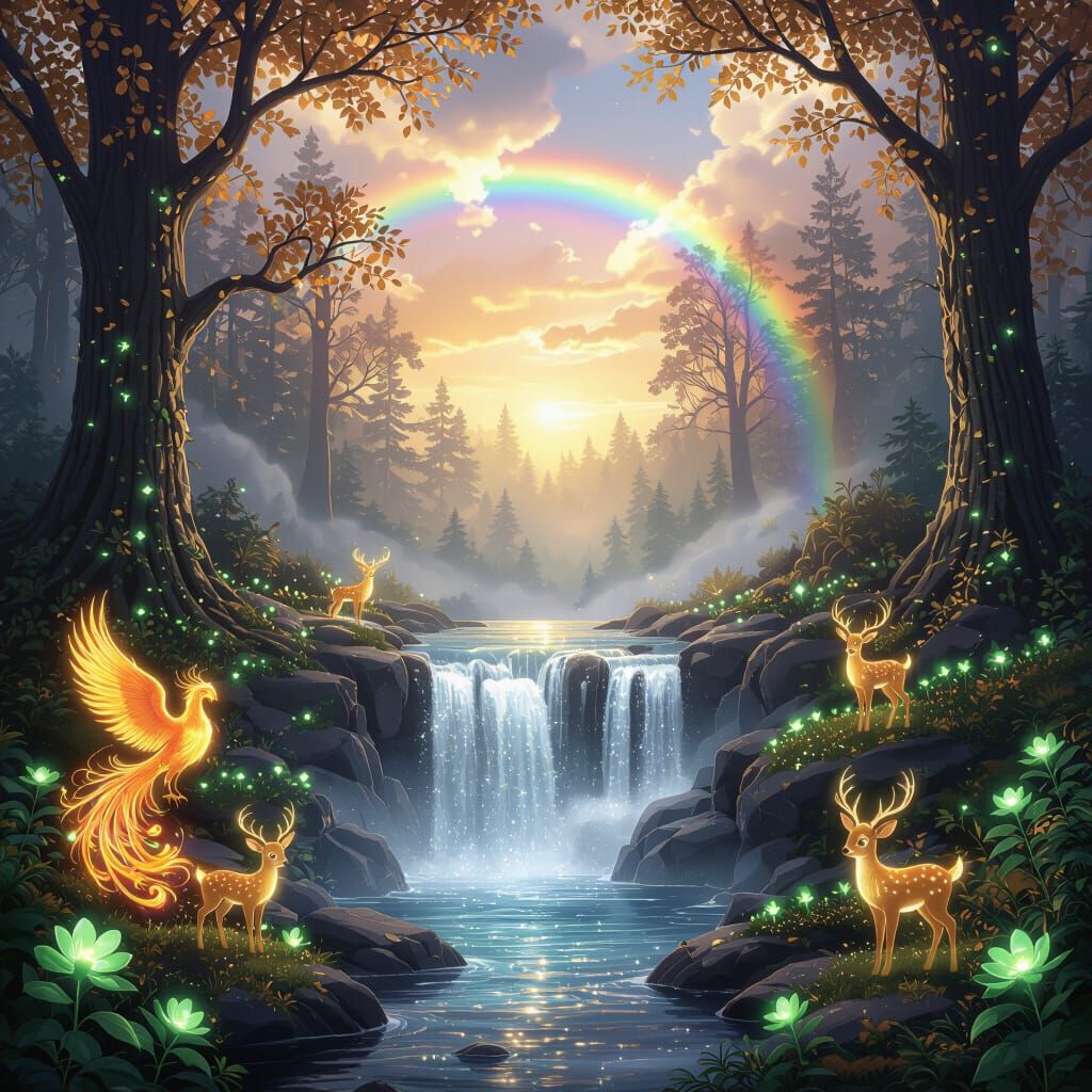 Magical Forest Waterfall with Glowing Creatures
