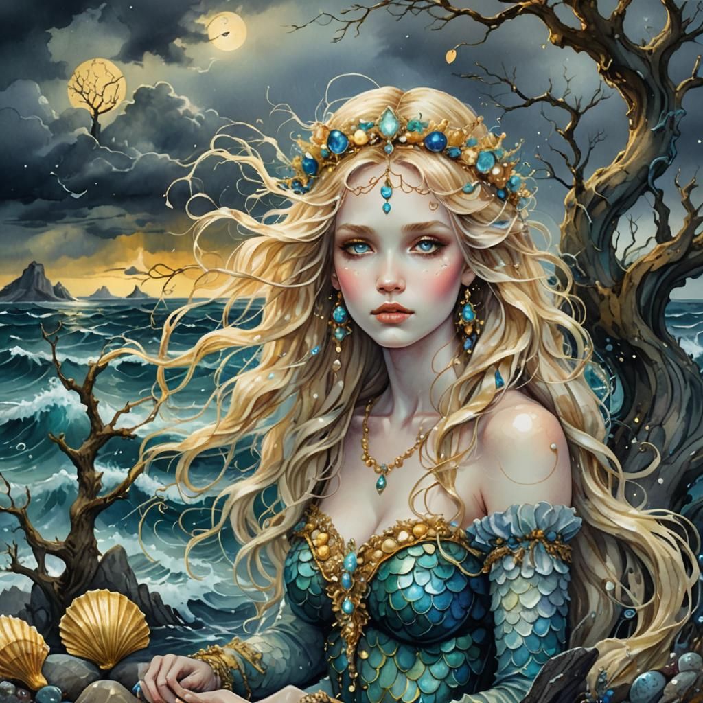 Mermaid in Stormy Sea Watercolor