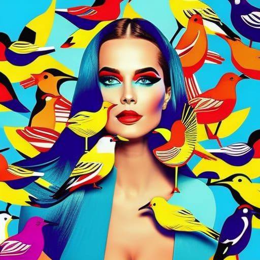 Photo in pop art style, portrait of a beautiful woman surrou...