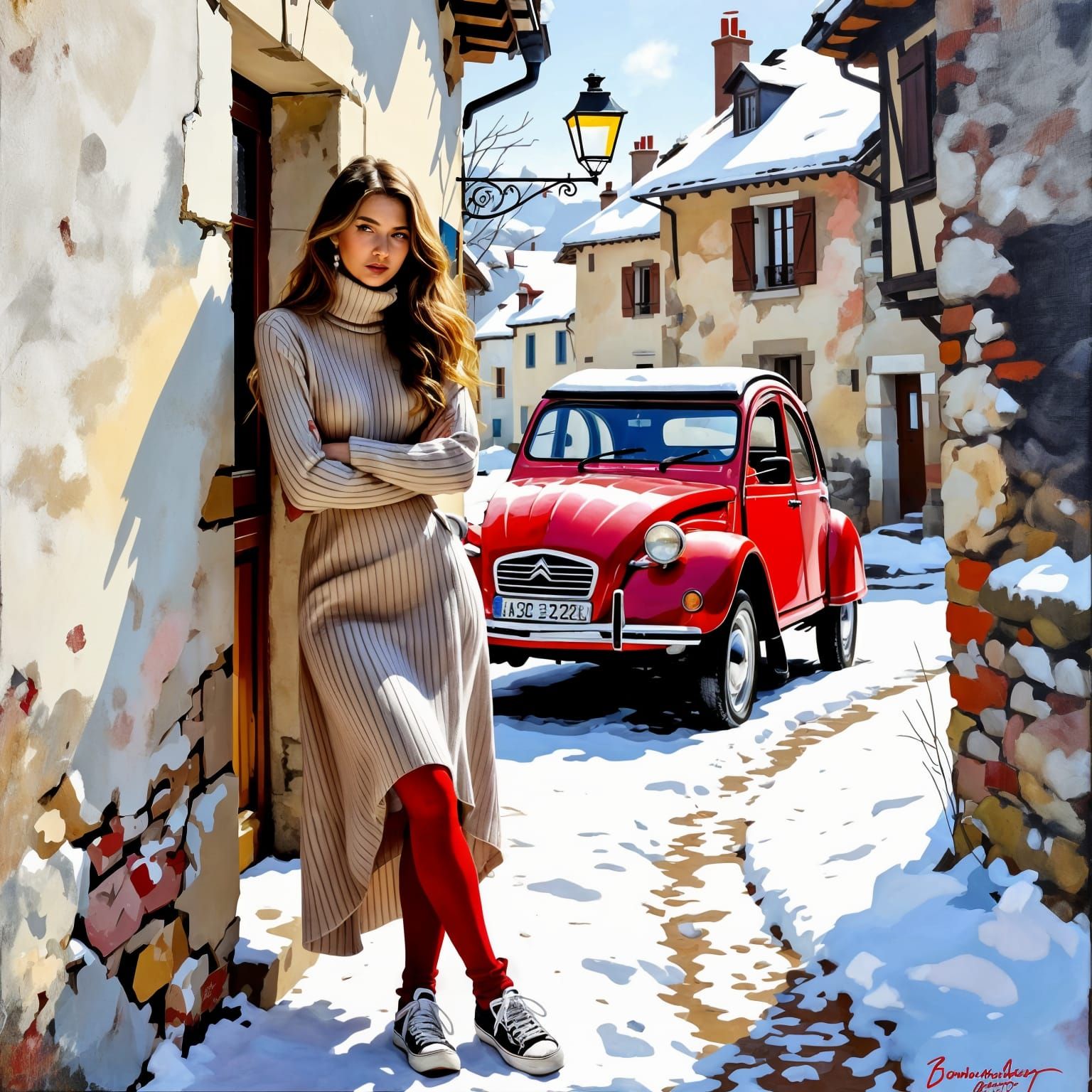 Woman in winter outfit with red tights standing near a red Citroen 2CV in a French village on a winter day  by @Fokje