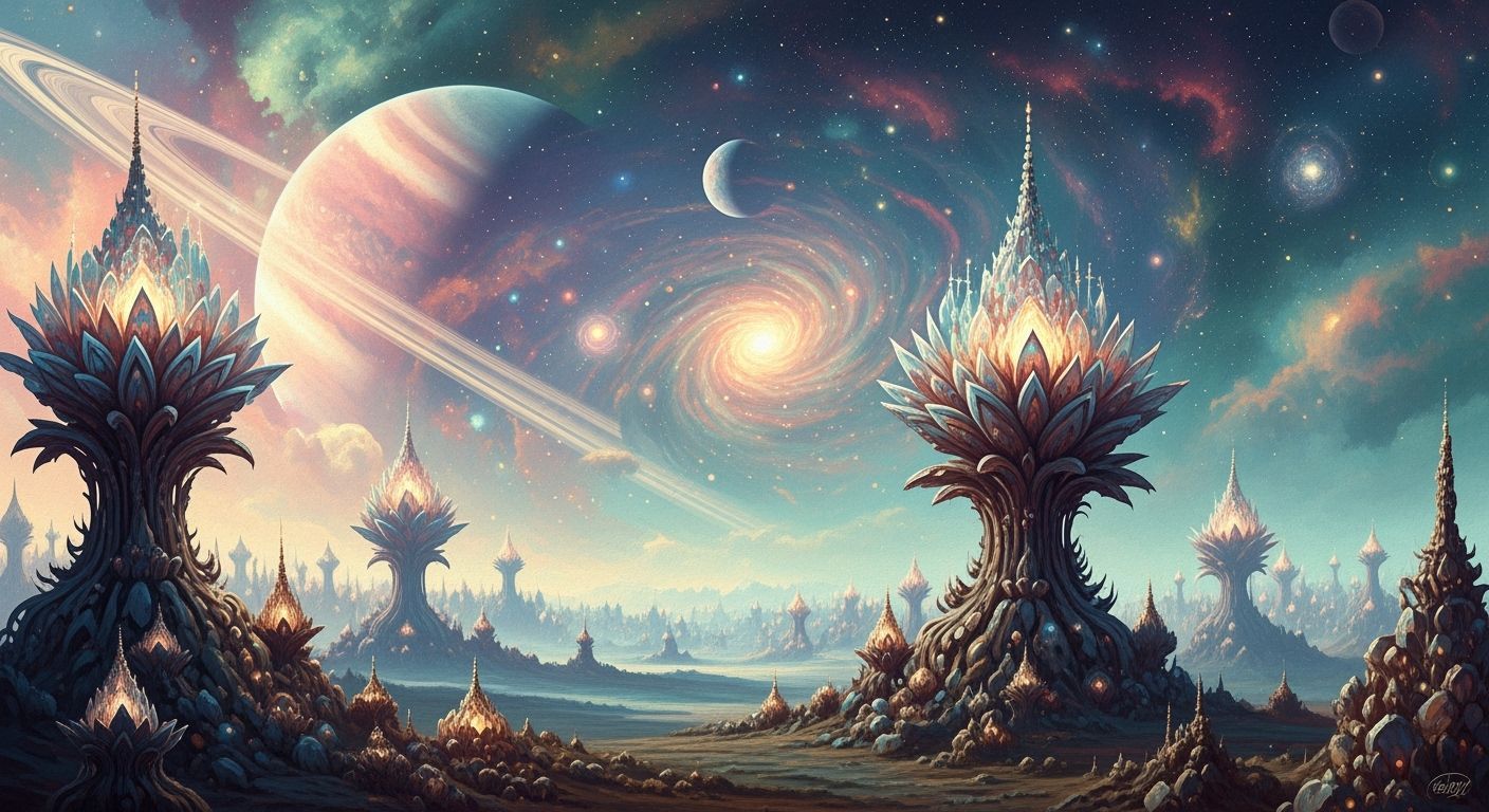 alien planet under a swirling cosmic sky. Strange, crystalline flora dots the landscape, reflecting the starlight. The o...