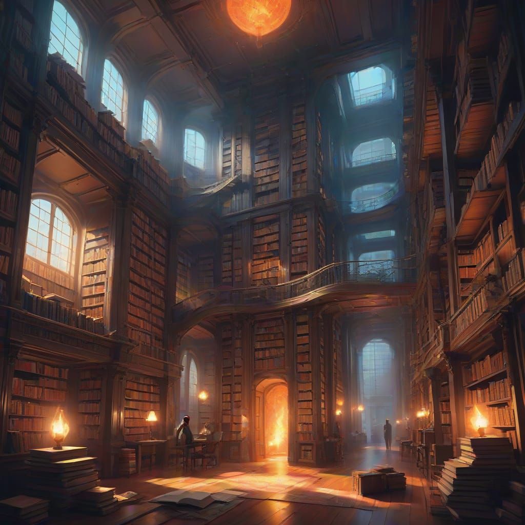 Endless Library of Ancient Knowledge in Vibrant Futuristic L...