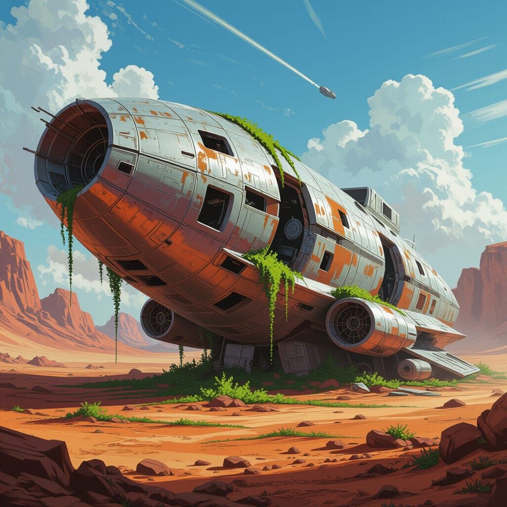  A big abandoned spaceship that crash landed on an alien planet. It is visibly damaged and there are vines overgrowing it's hull.