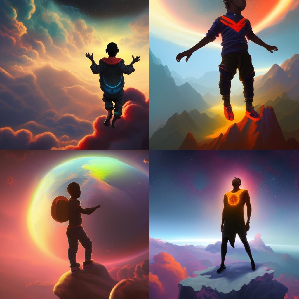 Vibrant portrait of black boy levitating above firmament of earth - AI ...