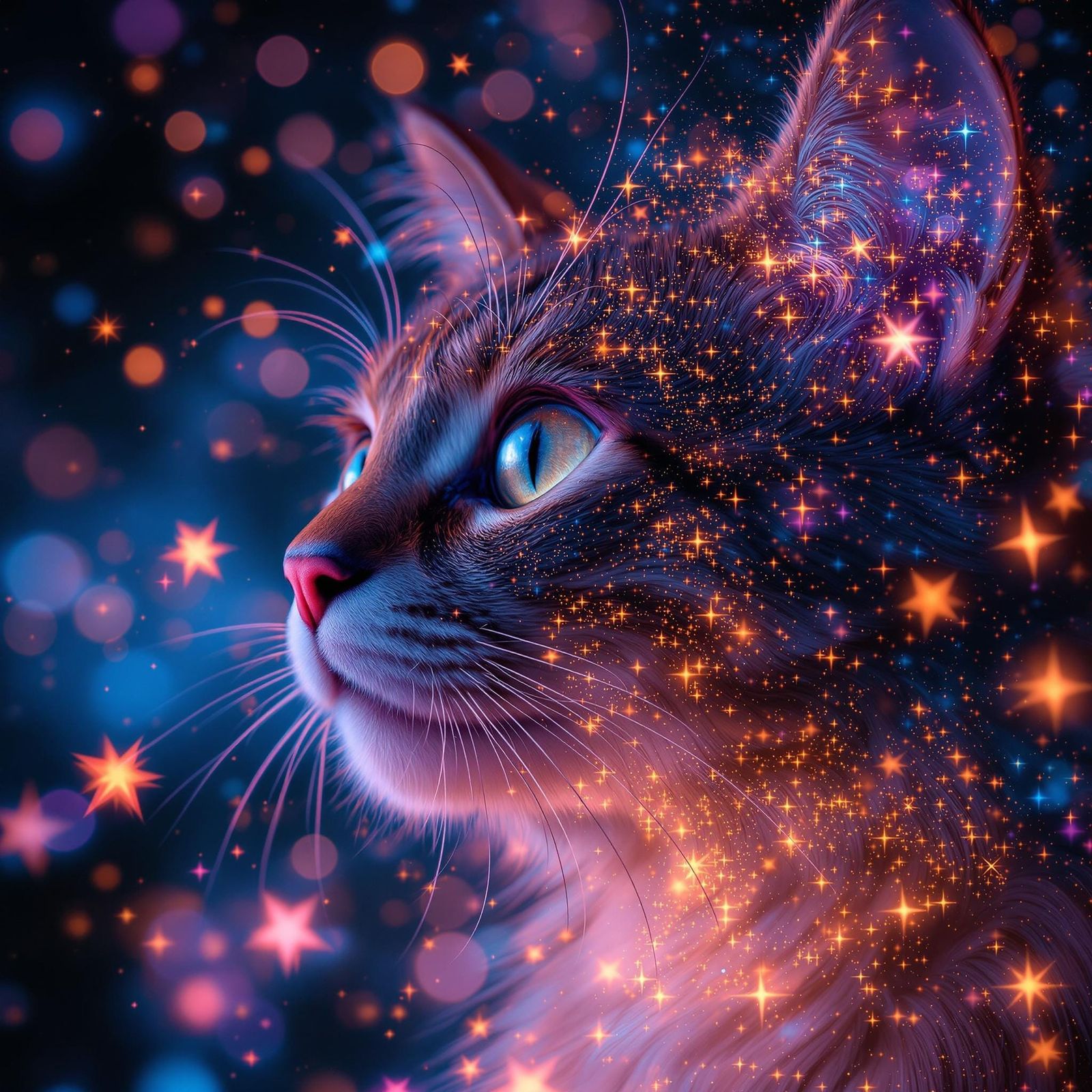 A close-up, double-exposure portrait of a **live cat**, its form merging with an **internal bioluminescent starscape**. ...