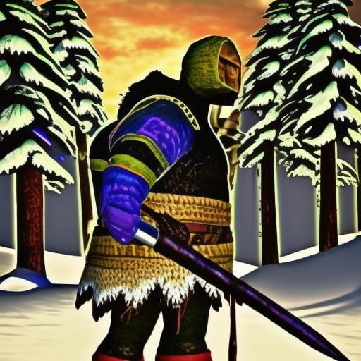 Create an image of a Pathfinder Giant wearing cold weather clothing and