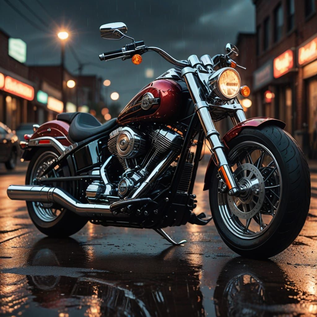 A realistic mesmerizing Harley Davidson Fatboy, chopper, beautiful red color, decals 