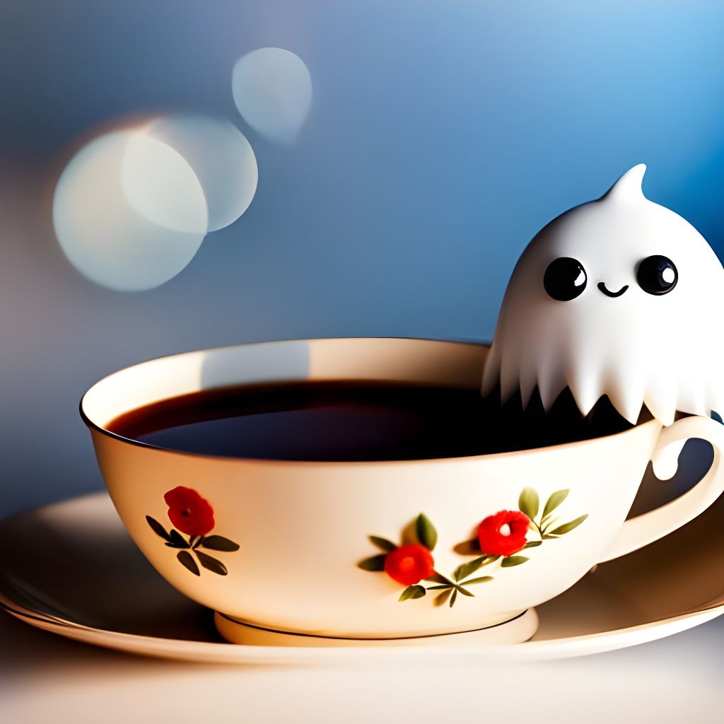 Tiny ghost having tea 