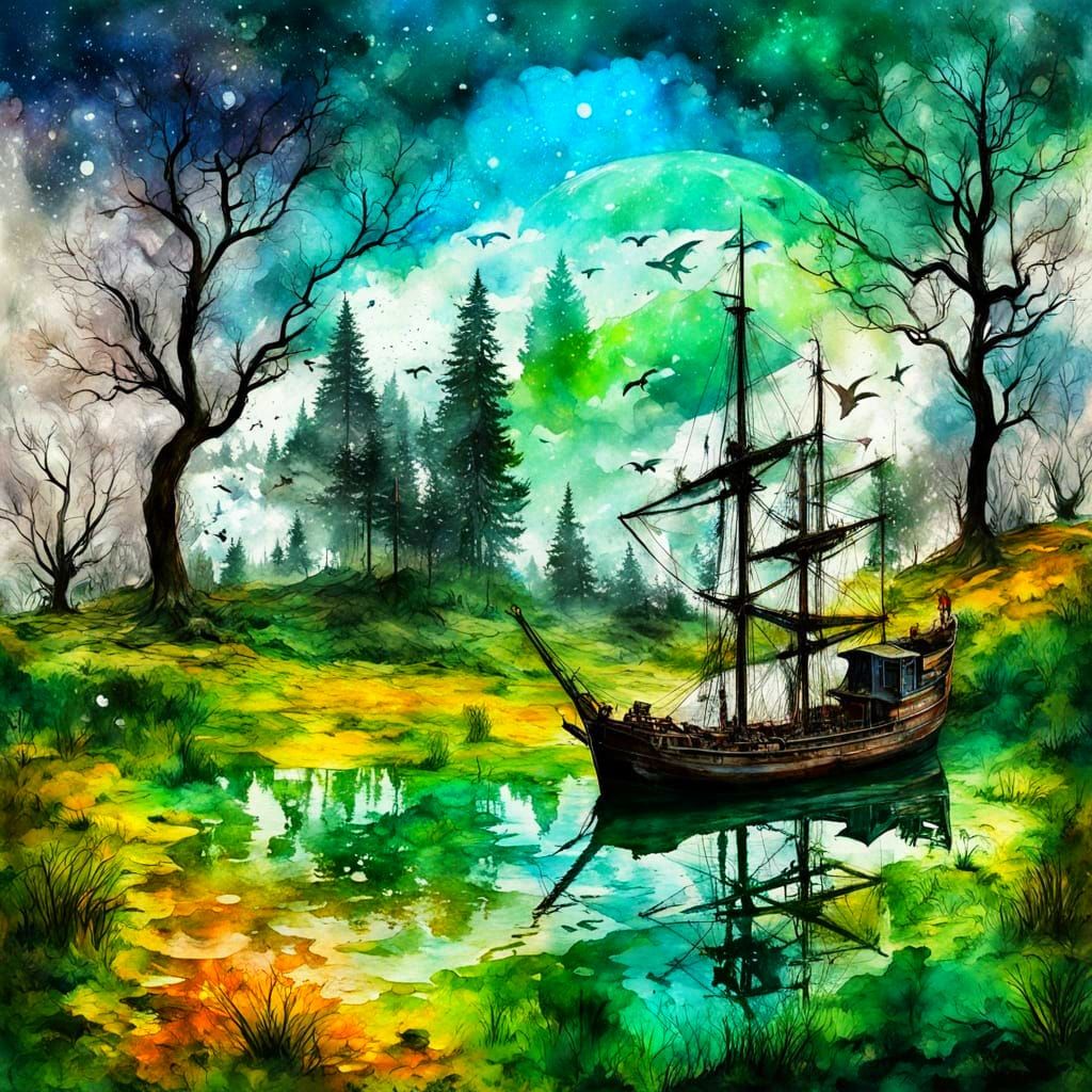 Magical Ship in Surreal Double Exposure Landscape