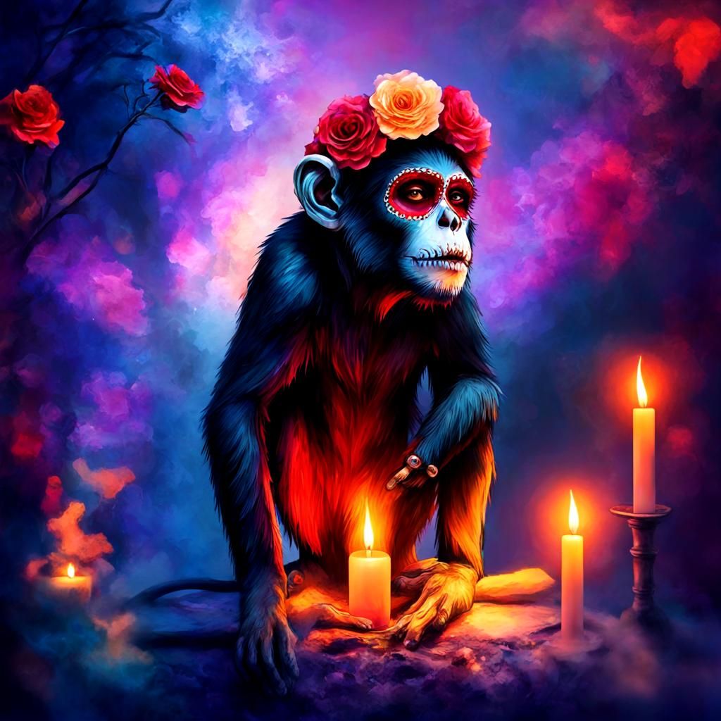 (Day of the Dead makeup on a monkey1.9), Alcohol_ink, Oil paint, deep