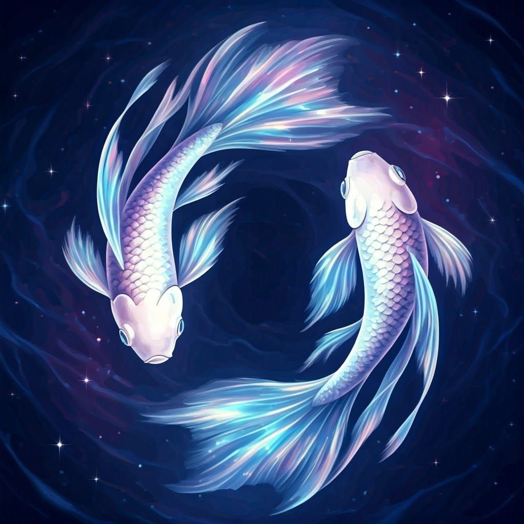 Two luminous fish floating in a cosmic, aquatic environment. Their bodies are covered with iridescent ...  by @LordSamourai