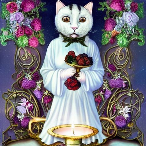 Anthropomorphic White Cat with Candle Illustration