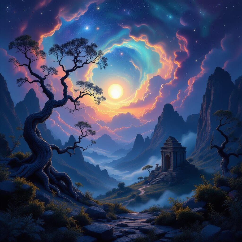 Fantastical Nebula Landscape with Crystalline Trees and Ruin...
