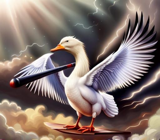 Fluffy floofy white goose carrying a baseball bat heavenly s...