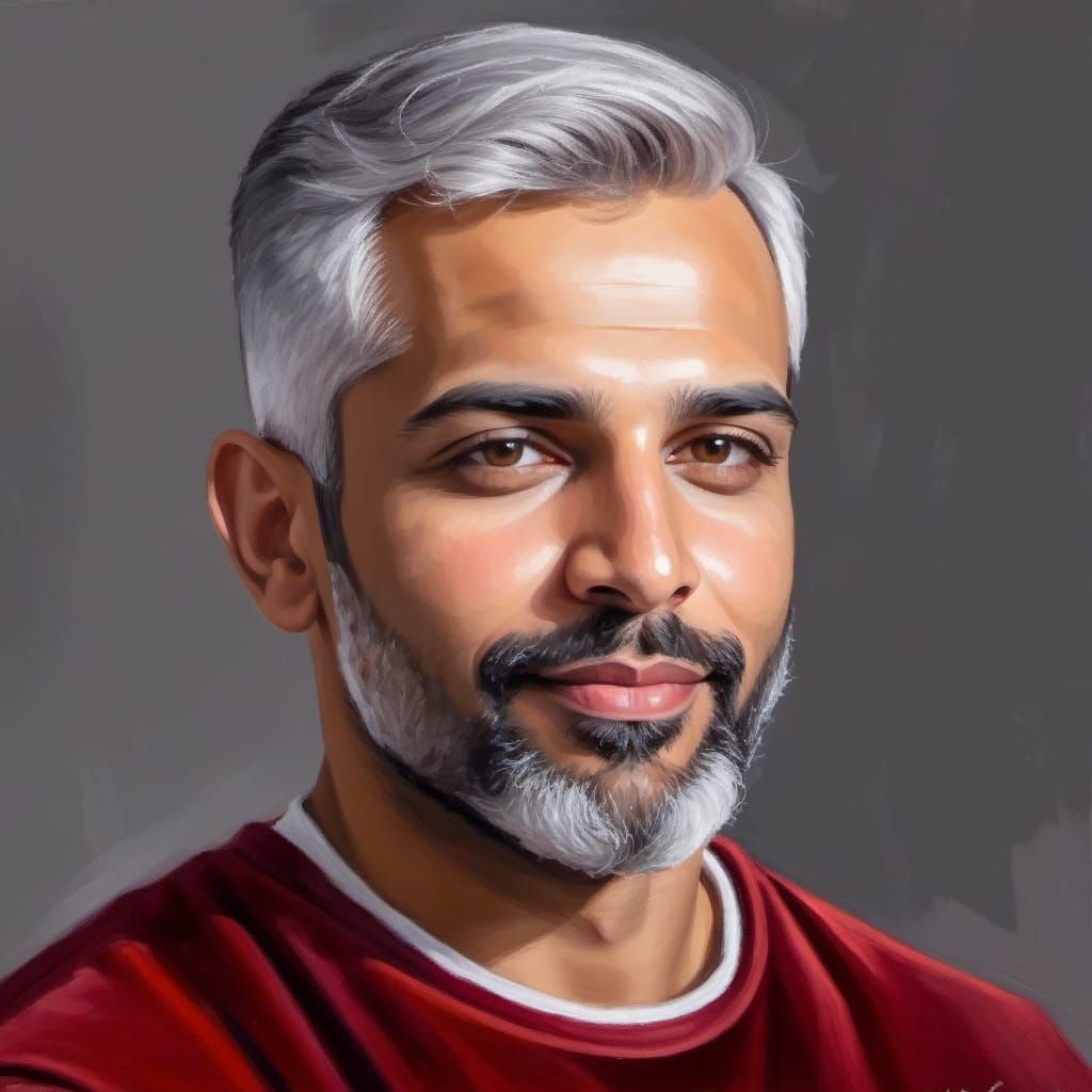 A handsome grey-haired man wearing a red sweater