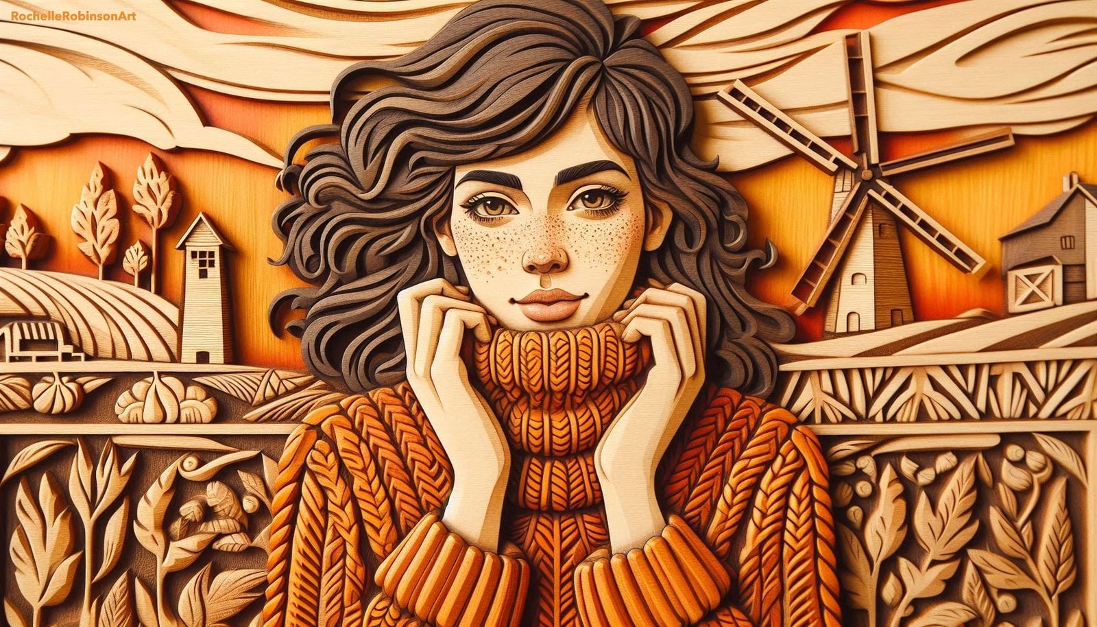 Woman In Orange Sweater - Wood Art