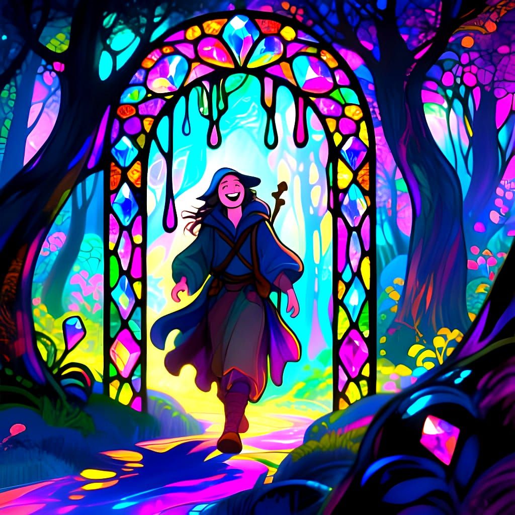 Imaginative, colorful stained glass art. Shiny neon colors, reflecting glossy glass texture, liquefied texture, flowing shadows, elaborate d...