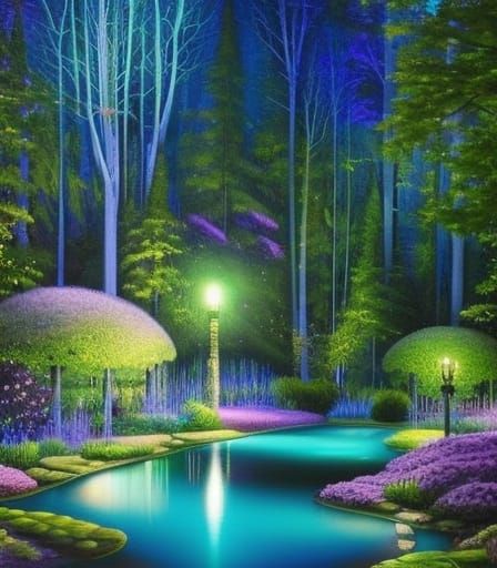 Fantasy magical enchanted fairy tale landscape fabulous fairytale garden  mysterious background and glowing in nightMagical fantasy fairy tale  scenery night in a forest generate ai 24495273 Stock Photo at Vecteezy