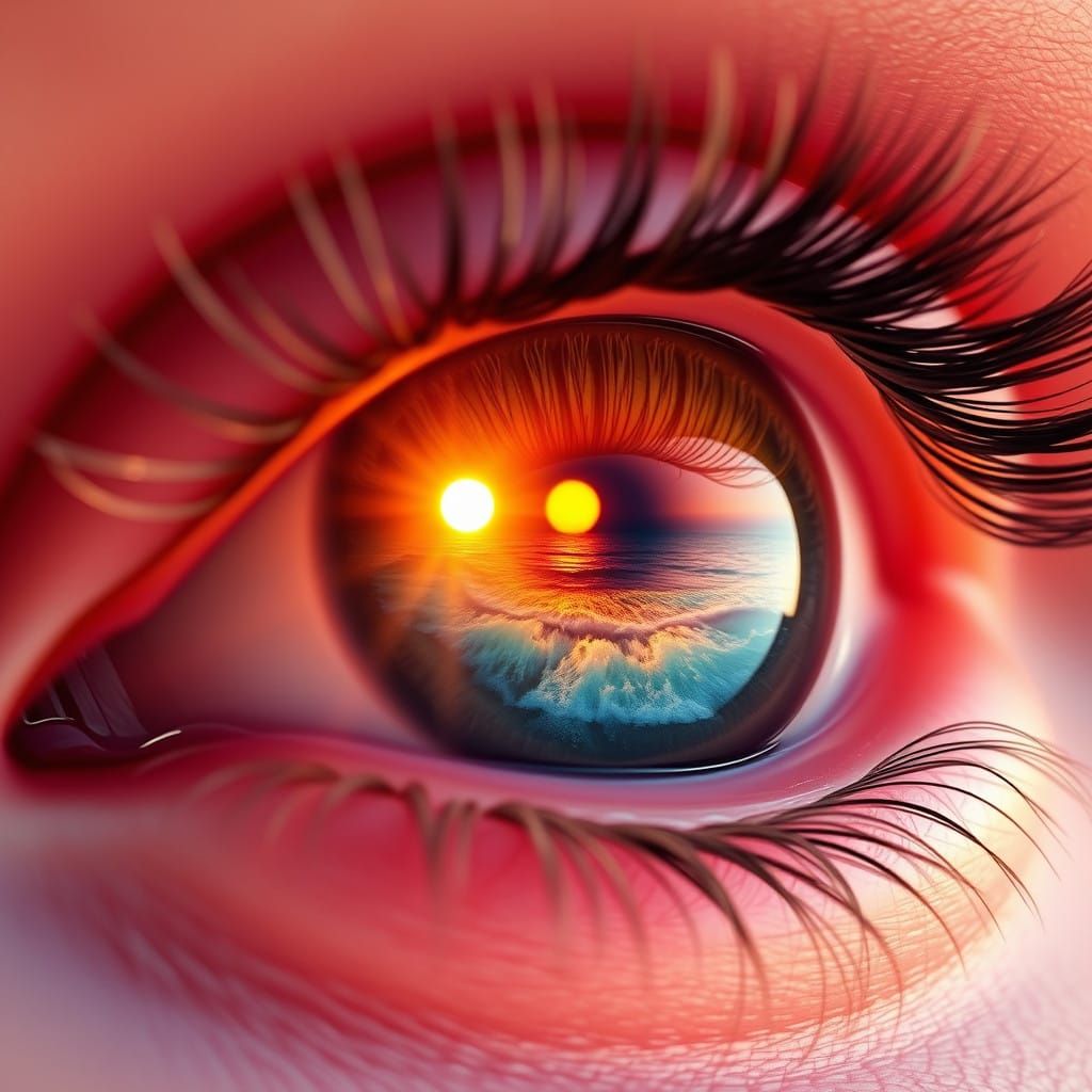 Close up picture of a human eye reflecting the ocean and the sunset on a beach, with sea shell eyelashes, ...  by @HermionieSheHulkNinja