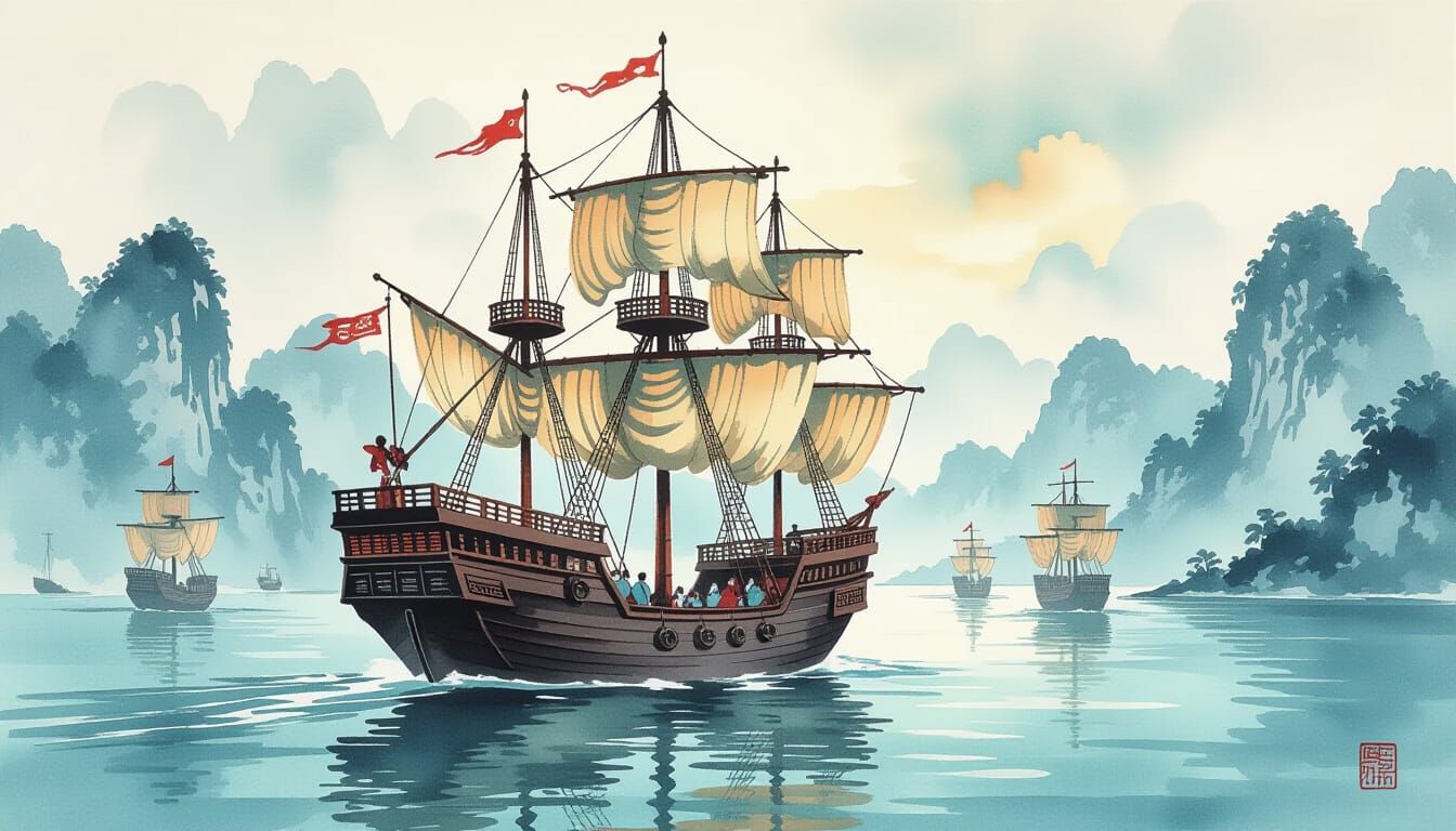 Zheng He's Treasure Ship Sailing South in Chinese Ink Wash S...