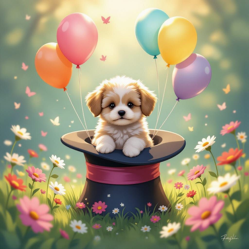 Fluffy Puppy in Magician's Hat with Dancing Flowers