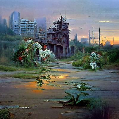 Abandoned City overgrown with flora at dusk