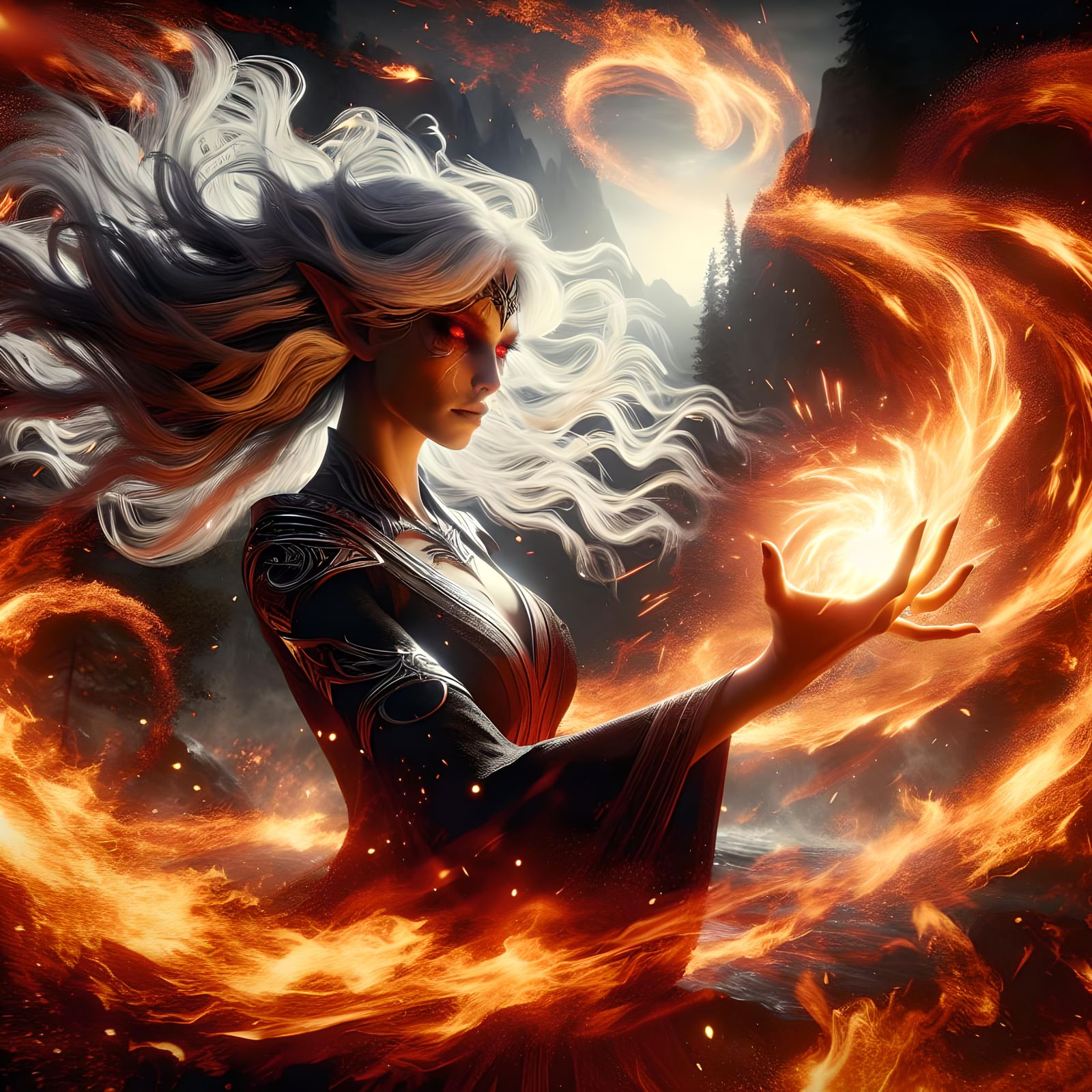 Dark elf sorceress summoning FIRE MAGIC  by @Lovealotyl 