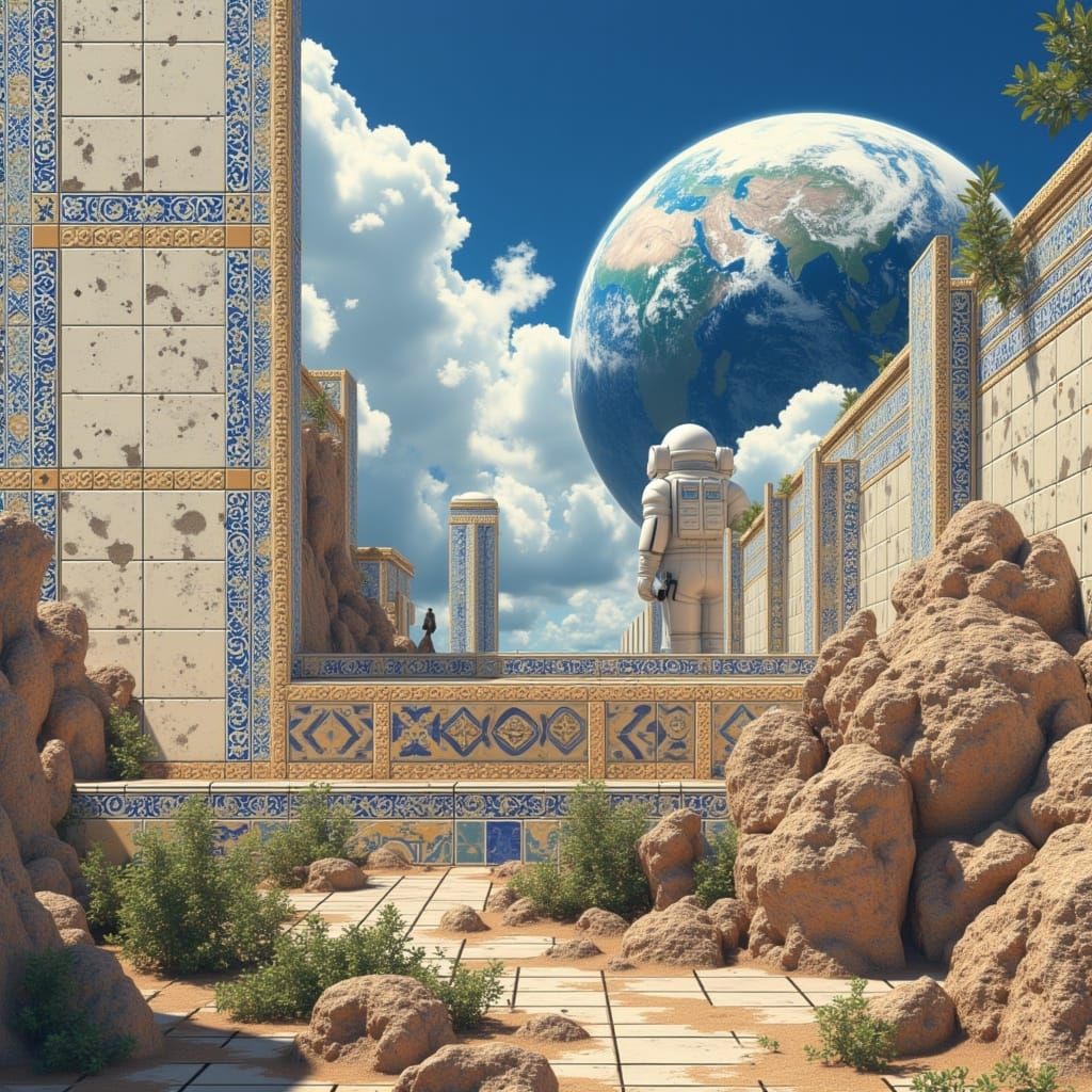 <lora:Azulejo Flux:1.0> An astronaut stands on the edge of an ancient wall, overlooking the Earth from space. The surface is covered with i...