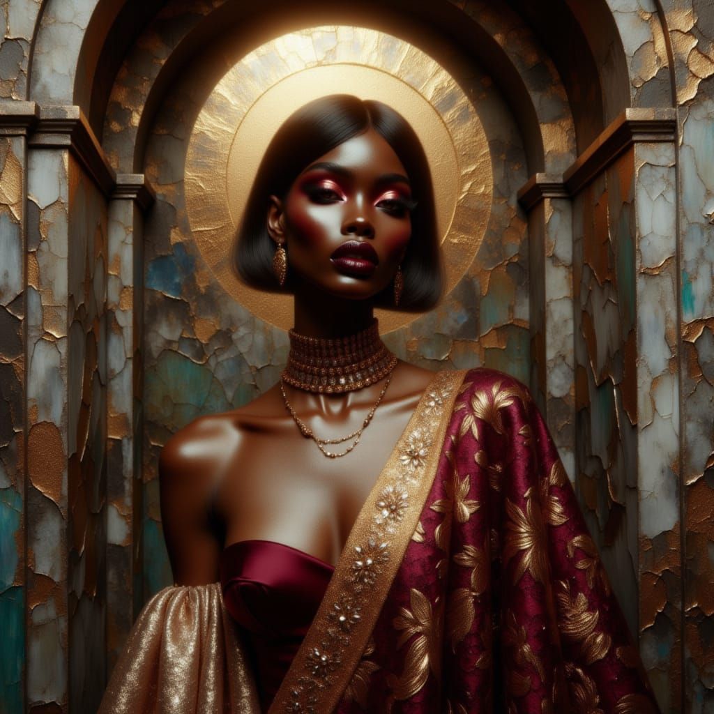 <lora:Cathedral Couture:1.0> A cinematic portrait of a radiant Cuban muse in cathedral-inspired couture, glowing in warm Caribbean light. He...