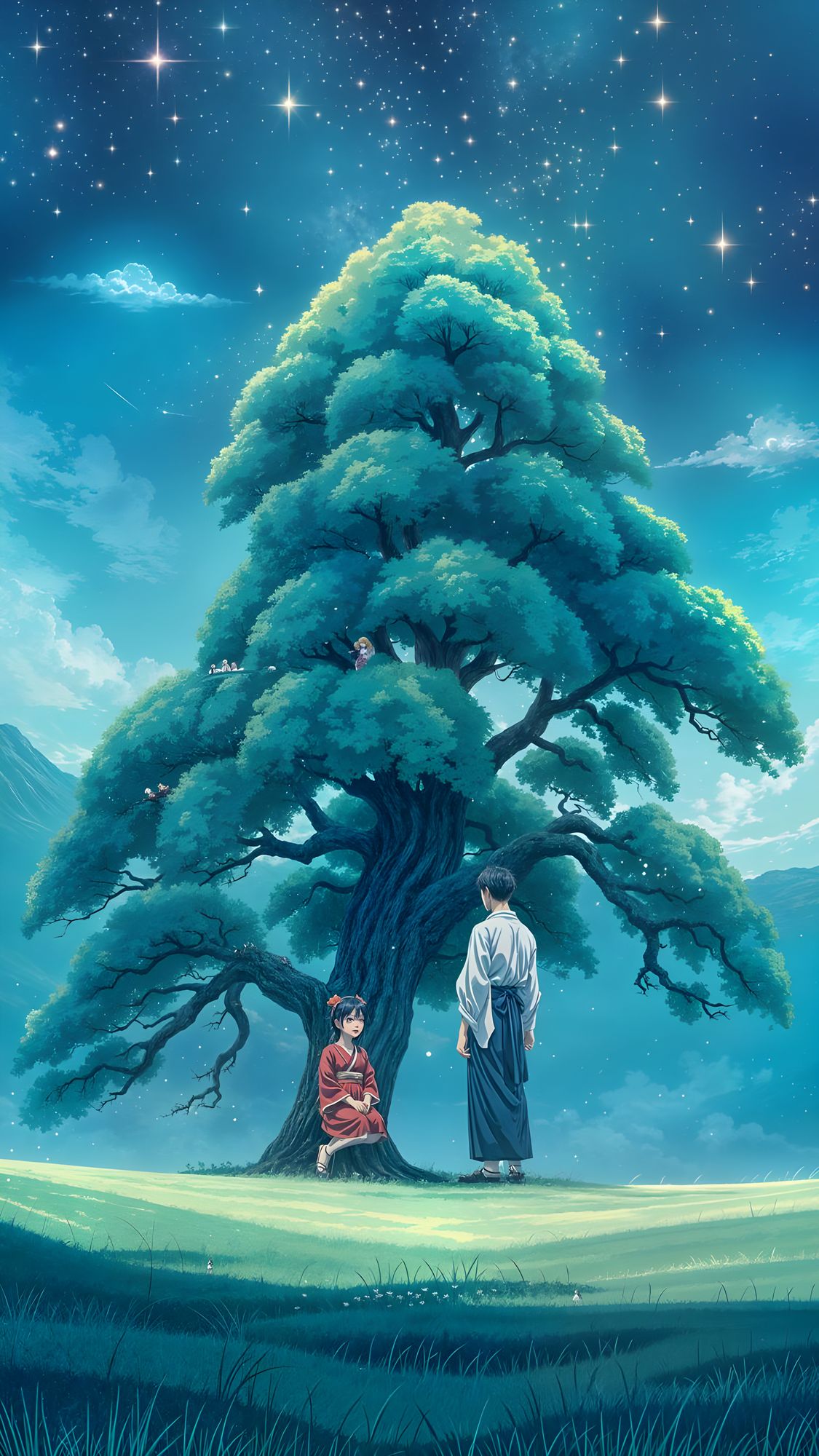 "anime wallpaper, 8k, in the style of hayao miyazaki, depiciting big tree on a field , cool and mystical colour temperature, cosmos lighting...