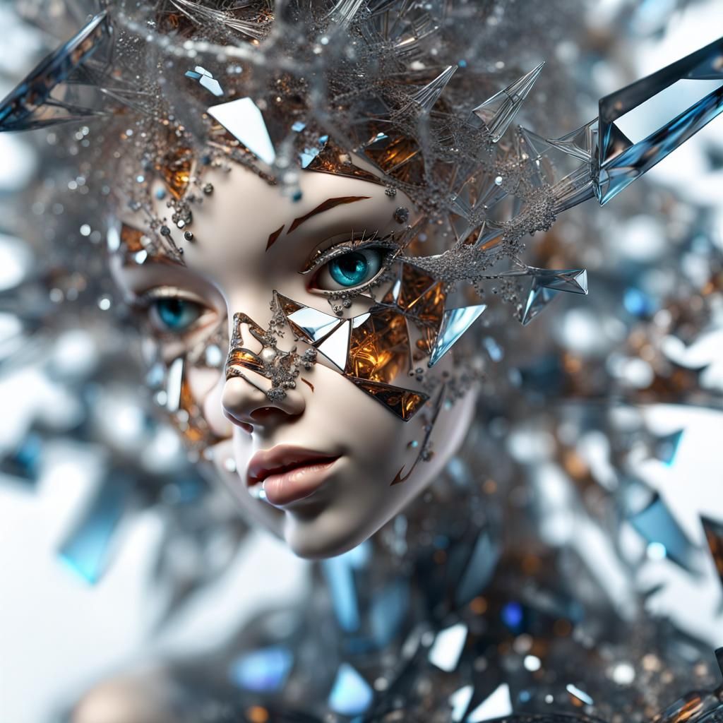 Glass doll exhibiting fractal patterns shattering into a myriad of exultant, fragmented shards, capturing ...  by @Pjrockey