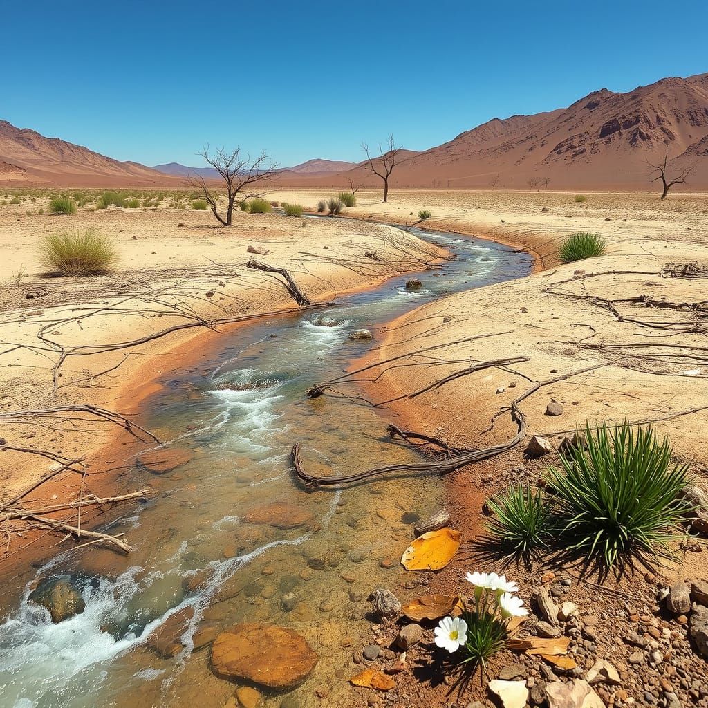 I want to create an interesting but crazy combination between a dry and desolate place, a real desert, and out of nowhere a stream flows wit...